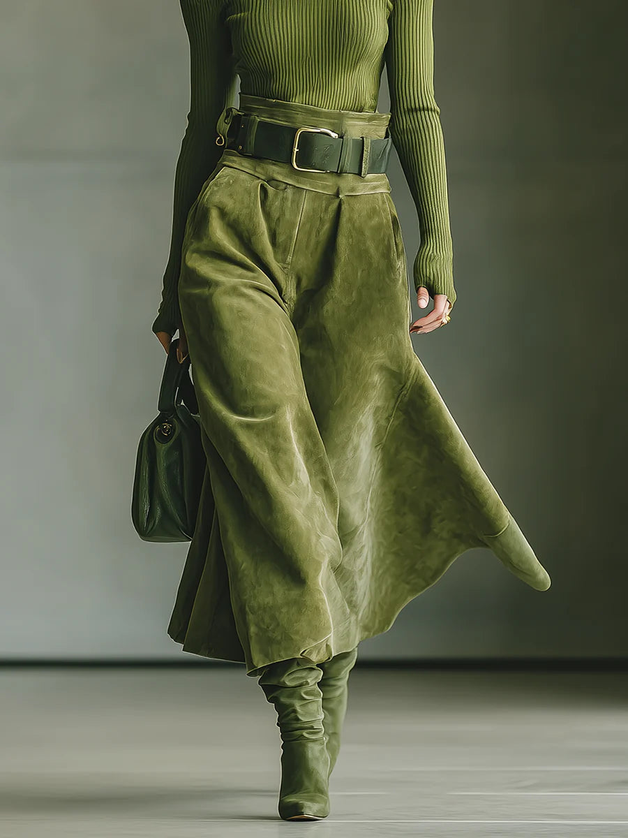 Elegant Olive Green Off-Shoulder Top & Faux Suede Midi Skirt Set with Belt - Perfect for All Seasons