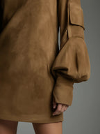 Women's Vintage Loose Suede Turtleneck Mini Dress - Retro Chic & Cozy