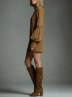 Women's Vintage Loose Suede Turtleneck Mini Dress - Retro Chic & Cozy