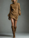 Women's Vintage Loose Suede Turtleneck Mini Dress - Retro Chic & Cozy