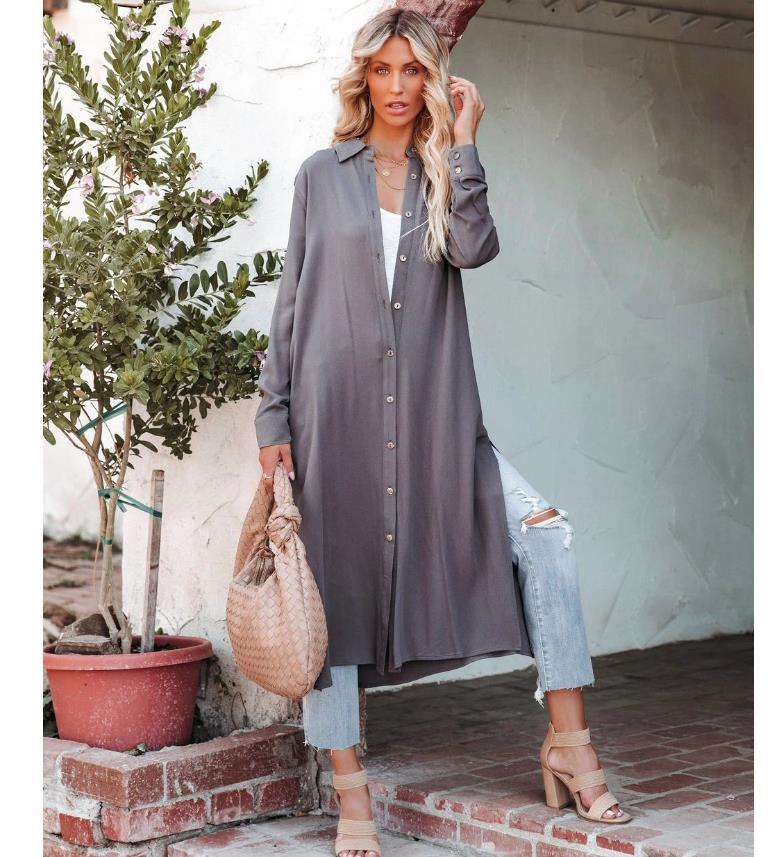 Women's Lapel Shirt Loose Casual Long Sleeve Buttoned Midi Shift Dress