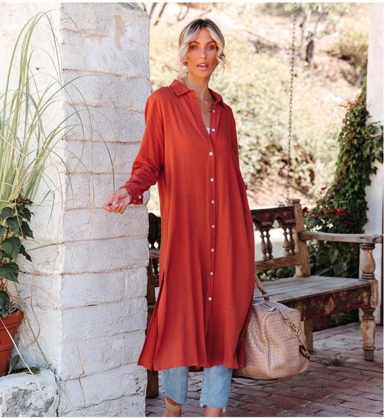 Women's Lapel Shirt Loose Casual Long Sleeve Buttoned Midi Shift Dress