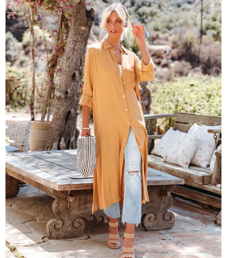 Women's Lapel Shirt Loose Casual Long Sleeve Buttoned Midi Shift Dress