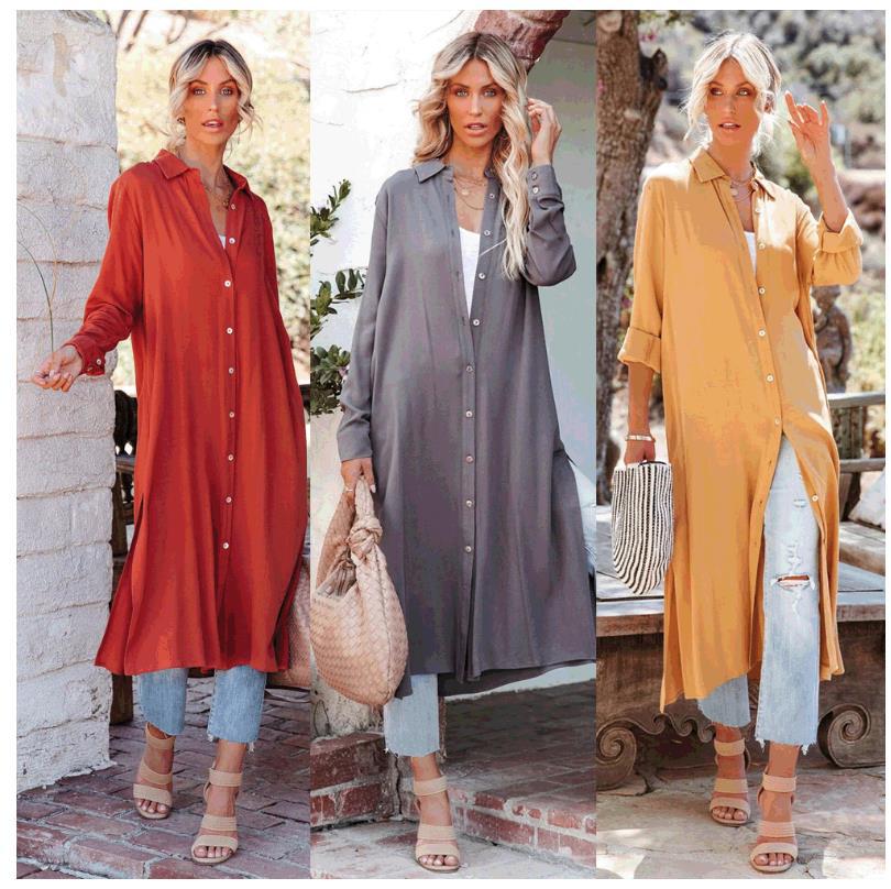 Women's Lapel Shirt Loose Casual Long Sleeve Buttoned Midi Shift Dress