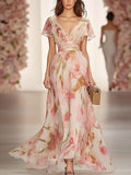 Women's Floral Print V-neck Short-sleeved Casual Maxi Dress with High Waist - Perfect for Summer