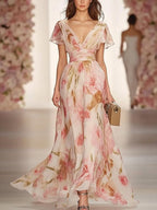 Women's Floral Print V-neck Short-sleeved Casual Maxi Dress with High Waist - Perfect for Summer
