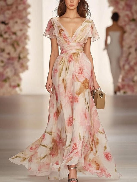 Women's Floral Print V-neck Short-sleeved Casual Maxi Dress with High Waist - Perfect for Summer
