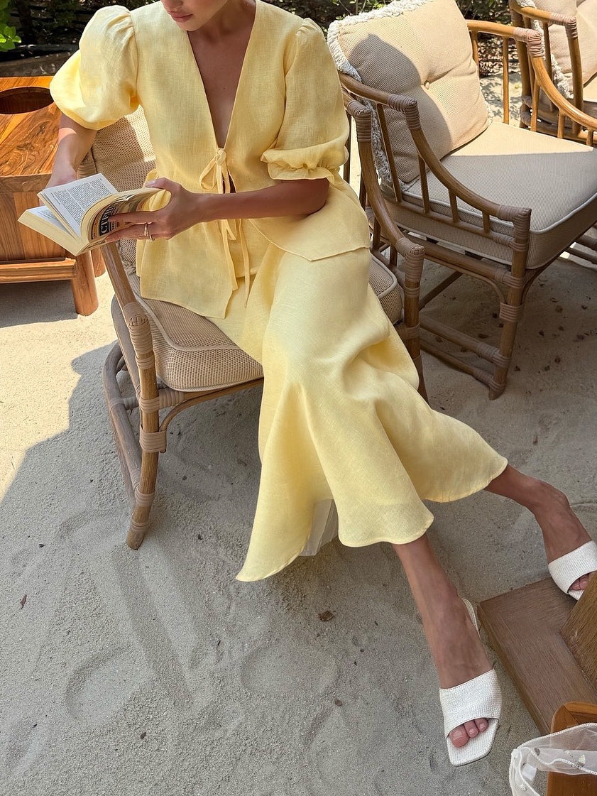 Elegant Yellow Linen Suit: V-Neck Mid-Sleeve Top & High-Waist Skirt