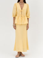 Elegant Yellow Linen Suit: V-Neck Mid-Sleeve Top & High-Waist Skirt