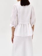 Elegant Yellow Linen Suit: V-Neck Mid-Sleeve Top & High-Waist Skirt