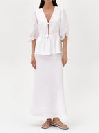 Elegant Yellow Linen Suit: V-Neck Mid-Sleeve Top & High-Waist Skirt