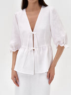 Elegant Yellow Linen Suit: V-Neck Mid-Sleeve Top & High-Waist Skirt