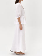 Elegant Yellow Linen Suit: V-Neck Mid-Sleeve Top & High-Waist Skirt