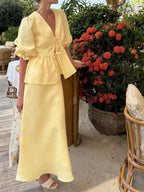 Elegant Yellow Linen Suit: V-Neck Mid-Sleeve Top & High-Waist Skirt