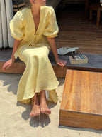 Elegant Yellow Linen Suit: V-Neck Mid-Sleeve Top & High-Waist Skirt