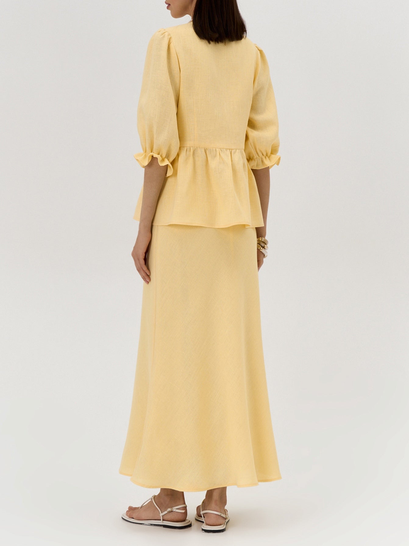 Elegant Yellow Linen Suit: V-Neck Mid-Sleeve Top & High-Waist Skirt