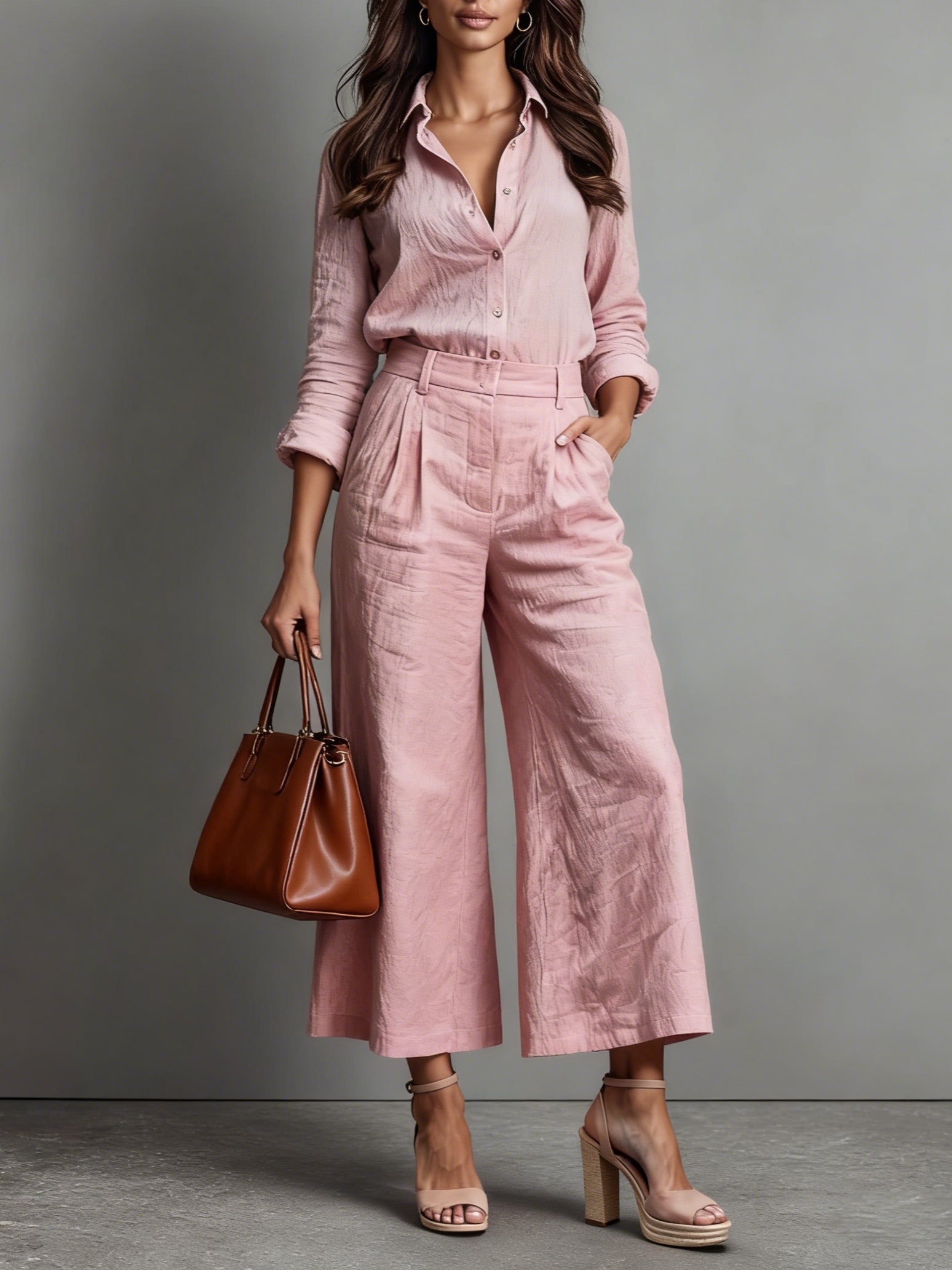 Pink Linen Set: Relaxed Capri Pants & Loose Shirt