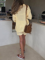 Women's Knitted Crochet Shorts Set - Cozy Cotton Blend Loungewear