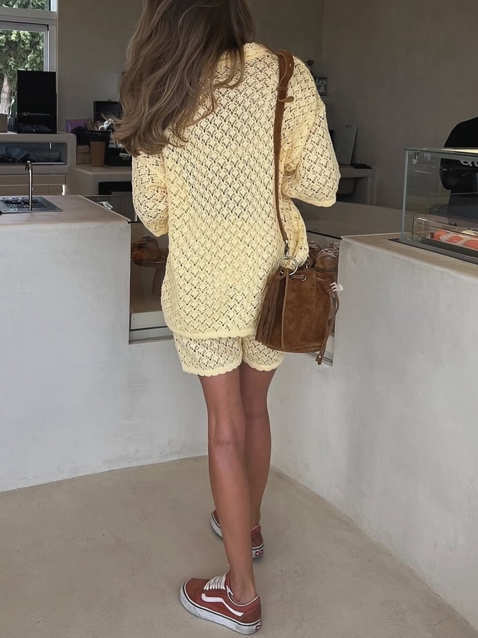 Women's Knitted Crochet Shorts Set - Cozy Cotton Blend Loungewear