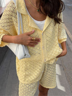 Women's Knitted Crochet Shorts Set - Cozy Cotton Blend Loungewear