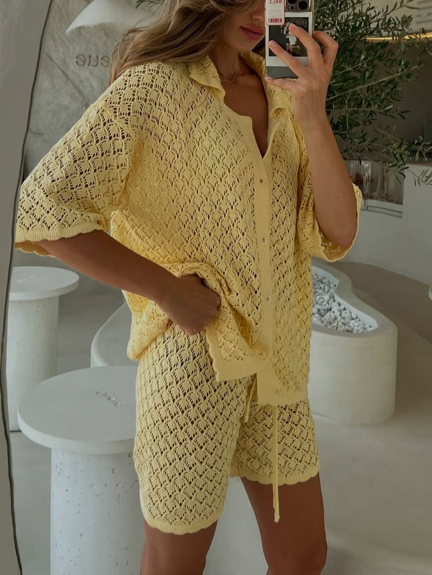 Women's Knitted Crochet Shorts Set - Cozy Cotton Blend Loungewear