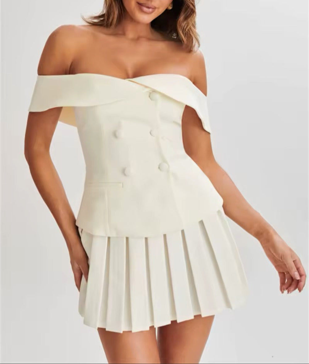 Elegant One-Shoulder Suit Top with Flattering Pleated Skirt - Chic Professional Attire