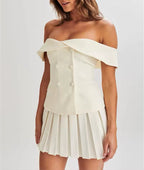 Elegant One-Shoulder Suit Top with Flattering Pleated Skirt - Chic Professional Attire