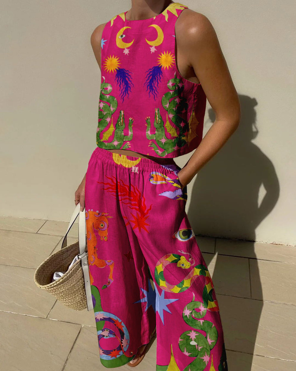 Women's Unique Print Tank Top and Elastic Waist Pocketed Pants Set - Comfortable & Stylish Outfit