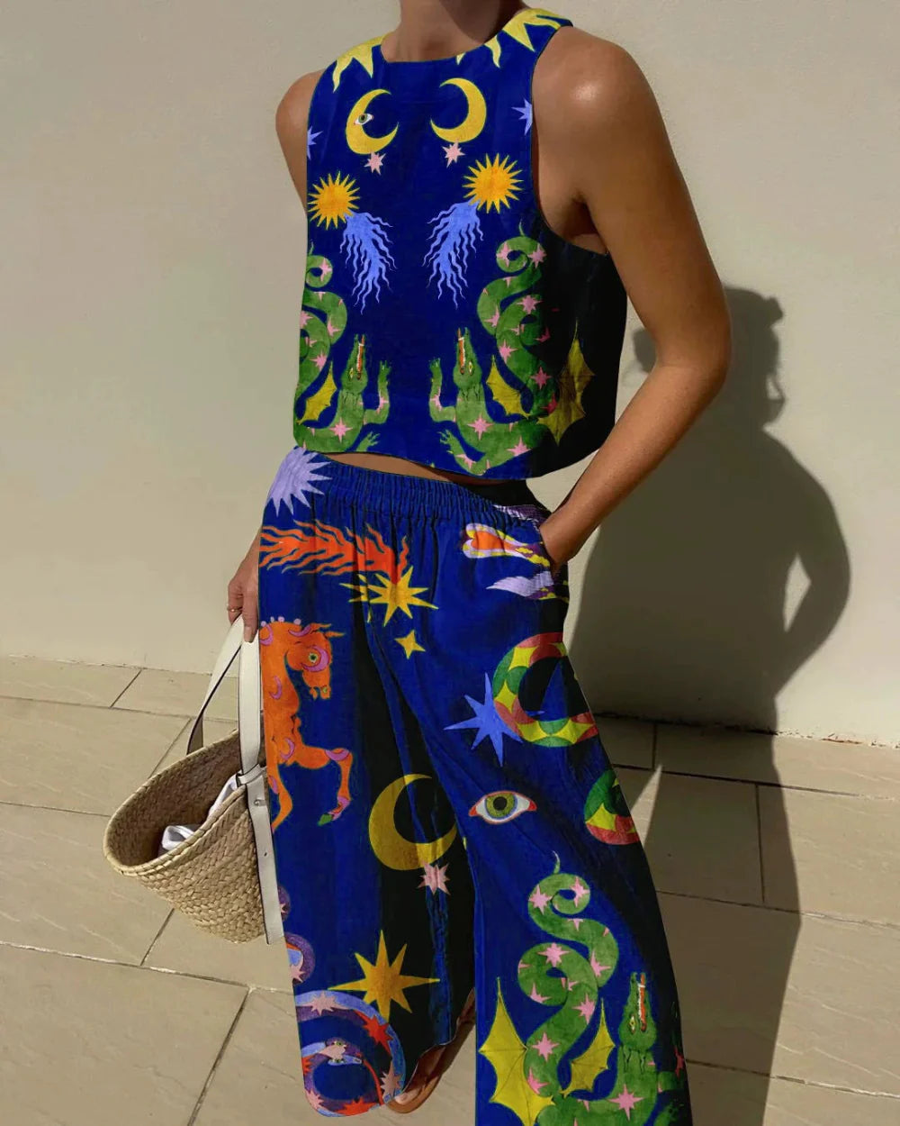 Women's Unique Print Tank Top and Elastic Waist Pocketed Pants Set - Comfortable & Stylish Outfit