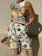 Women's Unique Print Tank Top and Elastic Waist Pocketed Pants Set - Comfortable & Stylish Outfit