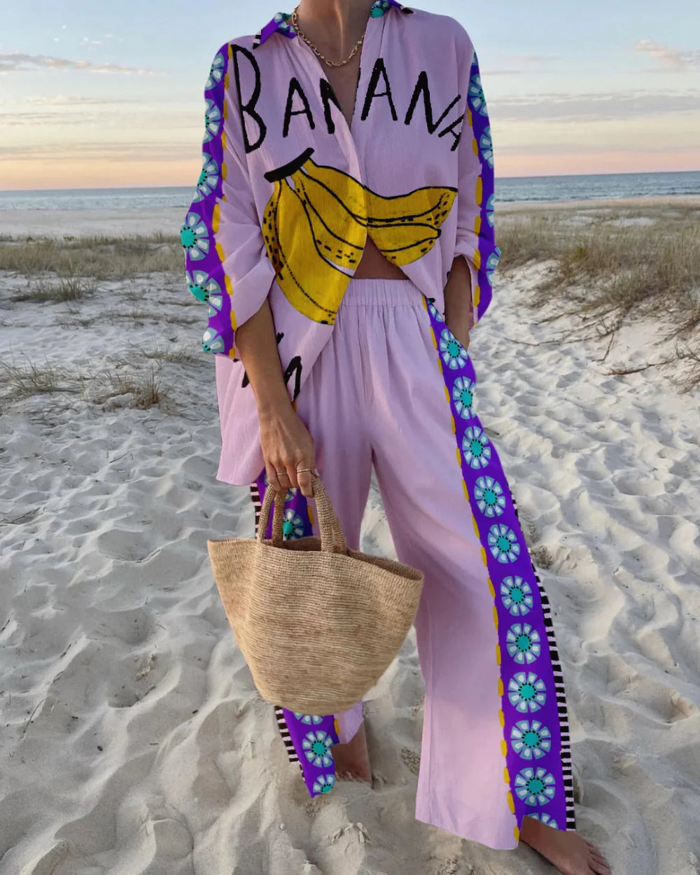 Adorable Banana Print Casual Two-Piece Set - Perfect for Daily Wear, Holidays, and Beach Vacations