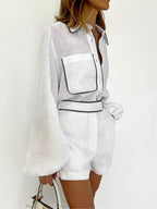 Chic Black and White Contrast Cotton & Linen Blend Two-Piece Set - Casual Collared Shirt & High-Rise Shorts