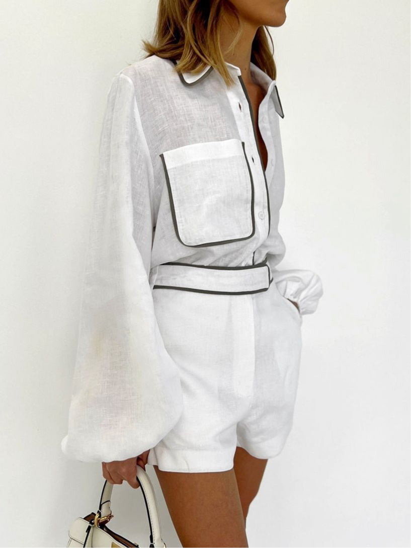 Chic Black and White Contrast Cotton & Linen Blend Two-Piece Set - Casual Collared Shirt & High-Rise Shorts