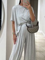 Light Grey Casual Cotton Modal Top and Wide-leg Pants Set for Women
