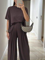 Light Grey Casual Cotton Modal Top and Wide-leg Pants Set for Women