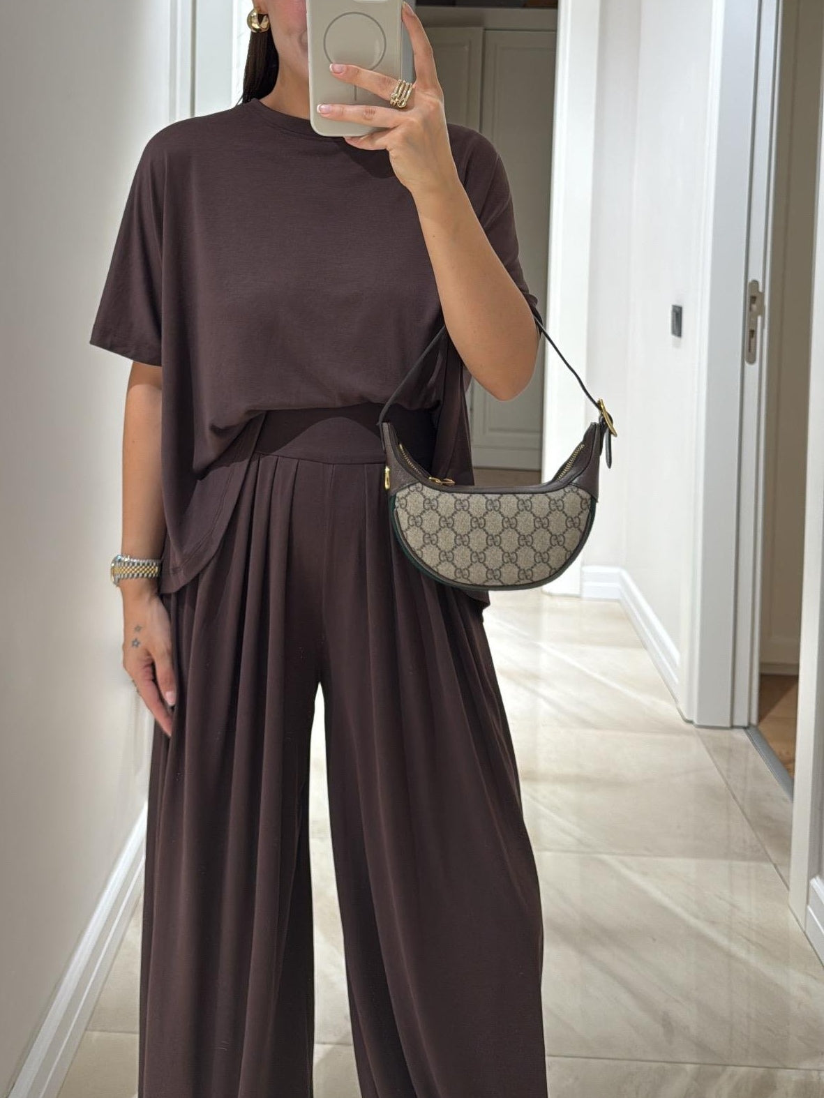 Light Grey Casual Cotton Modal Top and Wide-leg Pants Set for Women