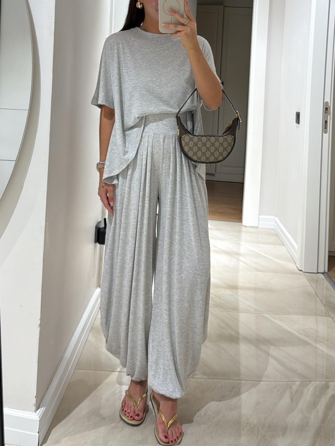 Light Grey Casual Cotton Modal Top and Wide-leg Pants Set for Women