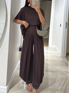 Light Grey Casual Cotton Modal Top and Wide-leg Pants Set for Women