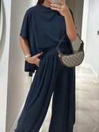 Light Grey Casual Cotton Modal Top and Wide-leg Pants Set for Women