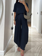 Light Grey Casual Cotton Modal Top and Wide-leg Pants Set for Women