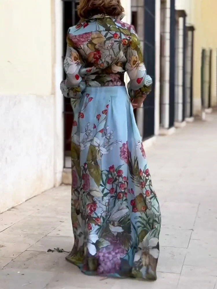 Chic Women's Elegant Floral Print Shirt and Skirt Two-Piece Set - Casual Holiday Outing