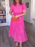 Women's V-Neck Cotton Casual Short Sleeve Hollow Pocket Midi Dress for Summer Beach Dates