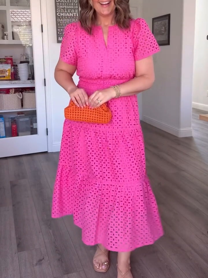 Women's V-Neck Cotton Casual Short Sleeve Hollow Pocket Midi Dress for Summer Beach Dates