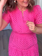 Women's V-Neck Cotton Casual Short Sleeve Hollow Pocket Midi Dress for Summer Beach Dates