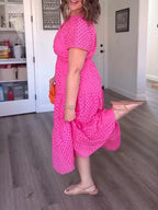 Women's V-Neck Cotton Casual Short Sleeve Hollow Pocket Midi Dress for Summer Beach Dates