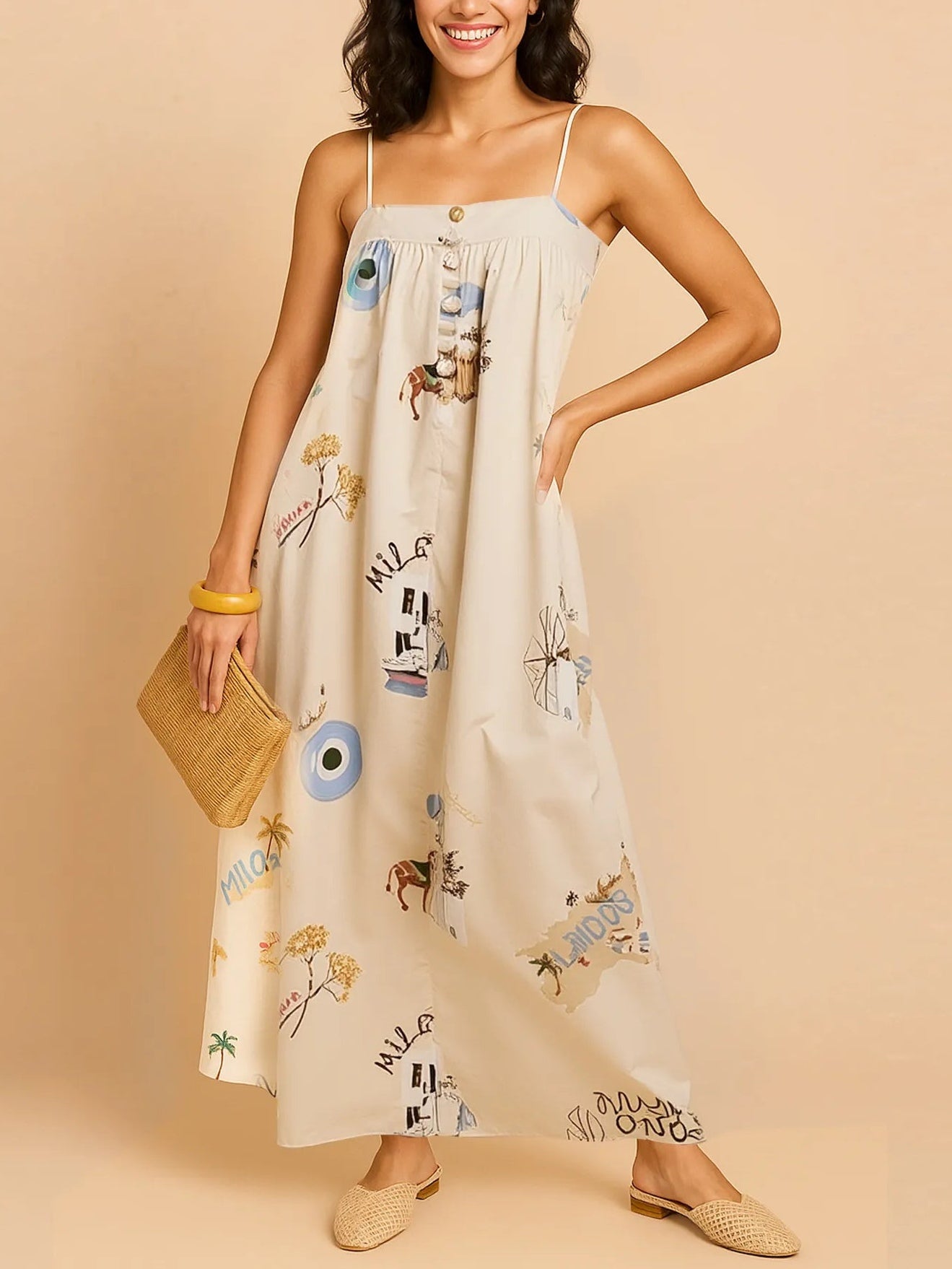 Strapless Square Neck Linen-Cotton Blend Maxi Dress with Greek Isles Print