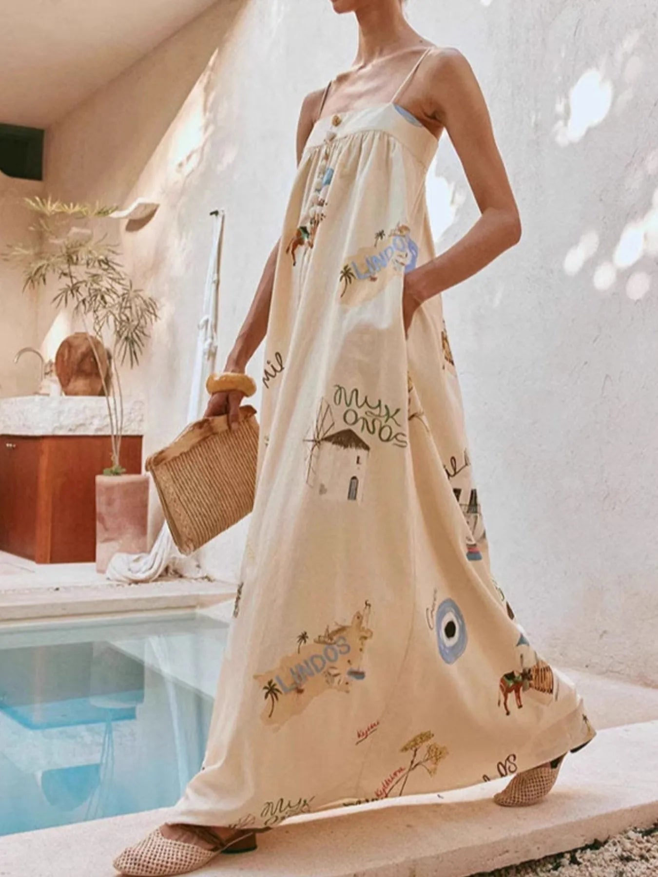 Strapless Square Neck Linen-Cotton Blend Maxi Dress with Greek Isles Print