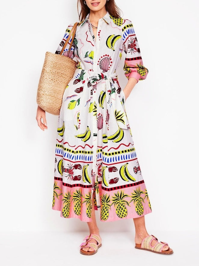 Vibrant Multicolor Tropical Carnival Print Shirt Dress - Linen Cotton Blend for Vacations & Summer Events