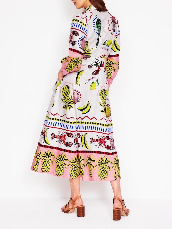 Vibrant Multicolor Tropical Carnival Print Shirt Dress - Linen Cotton Blend for Vacations & Summer Events