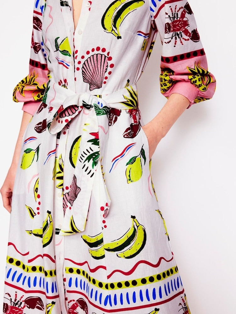 Vibrant Multicolor Tropical Carnival Print Shirt Dress - Linen Cotton Blend for Vacations & Summer Events
